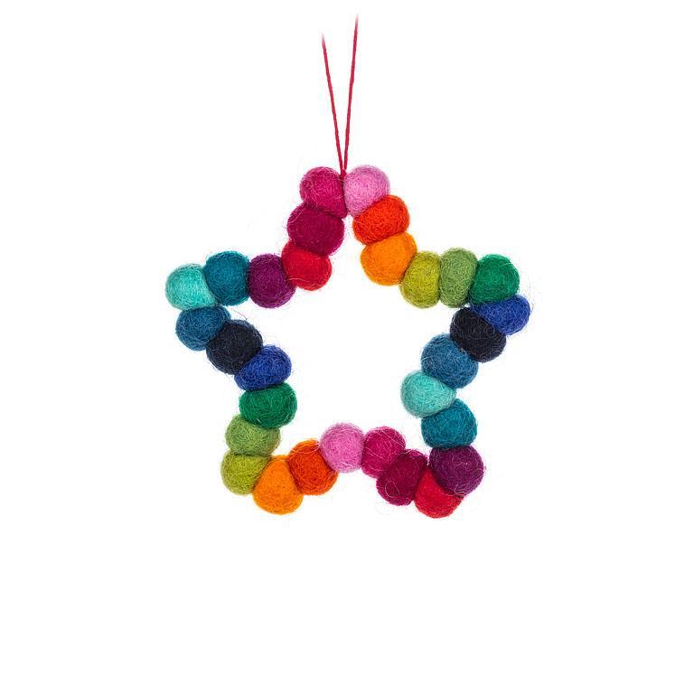 Felted Wool Rainbow PomPom Star Ornament