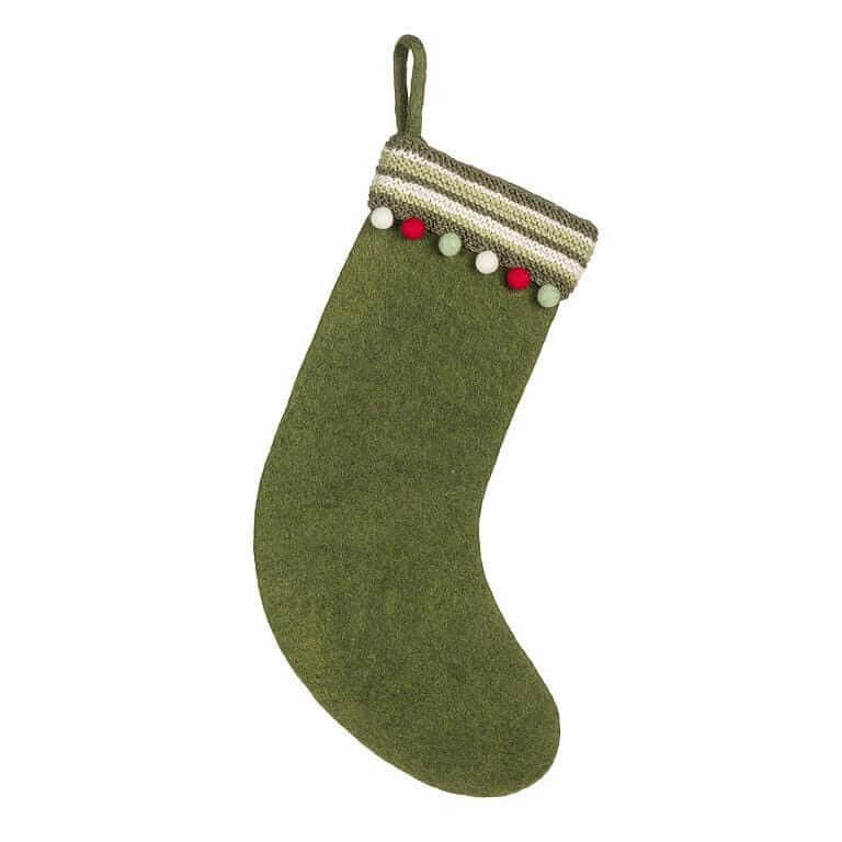 Felted Wool Stocking with Knit Band and Pompoms-Holiday Stockings-Pretty Clean Shop