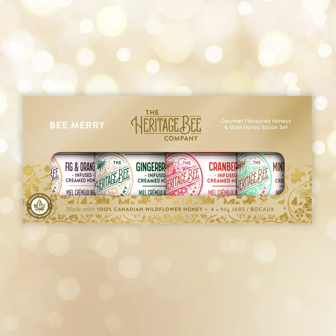 BEE MERRY HOLIDAY Gourmet Honey Gift Set & Gold Honey Spoon