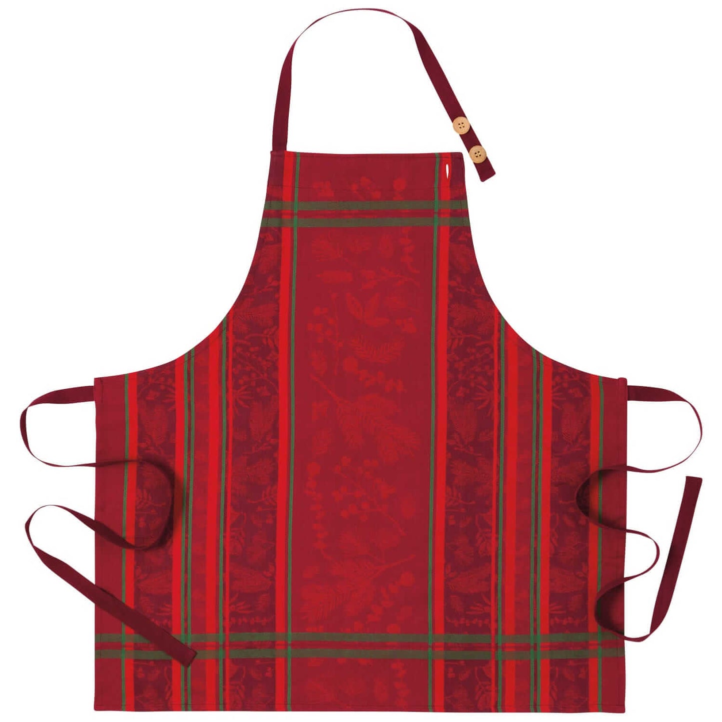 Red apron with green plaid pattern on a white background