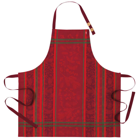 Red apron with green plaid pattern on a white background