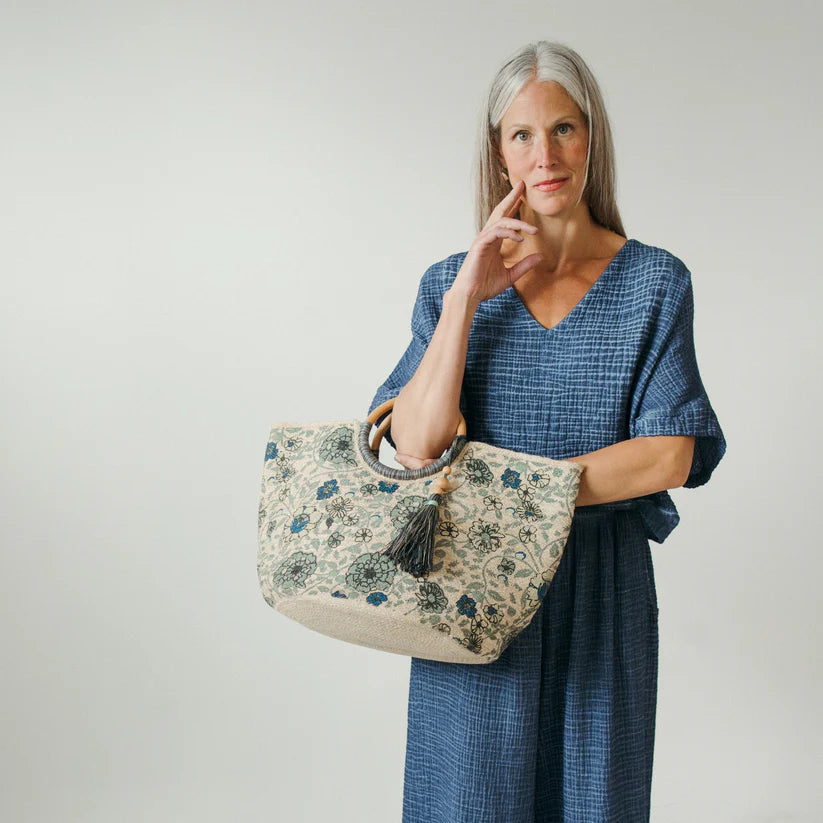 Jute Bag - Circular Handles with Tassel - Denim Floral