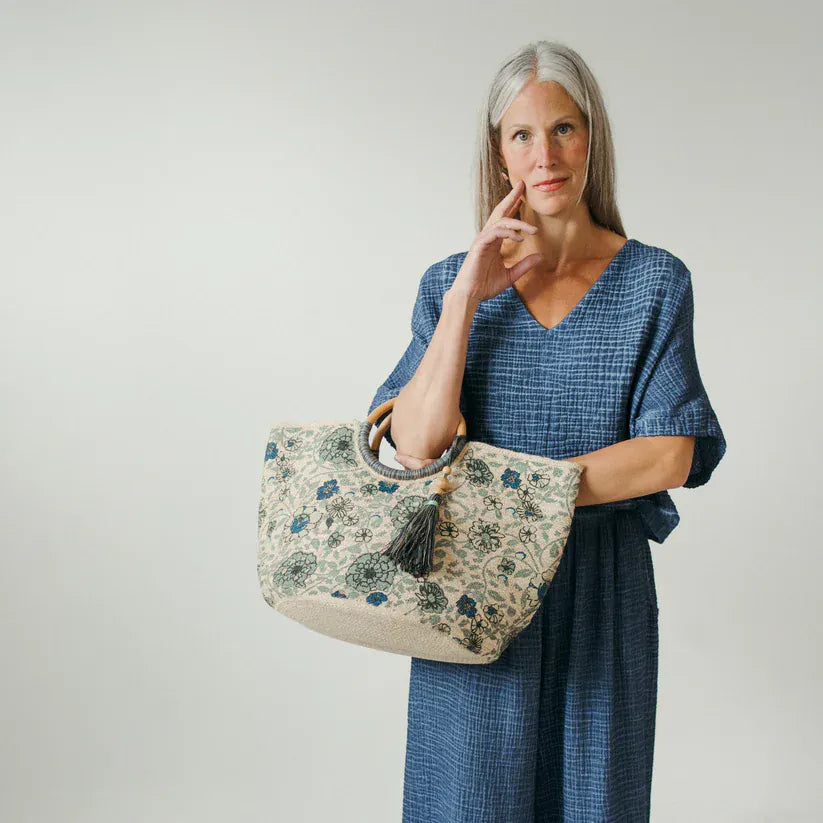 Jute Bag - Circular Handles with Tassel - Denim Floral | prettycleanshop