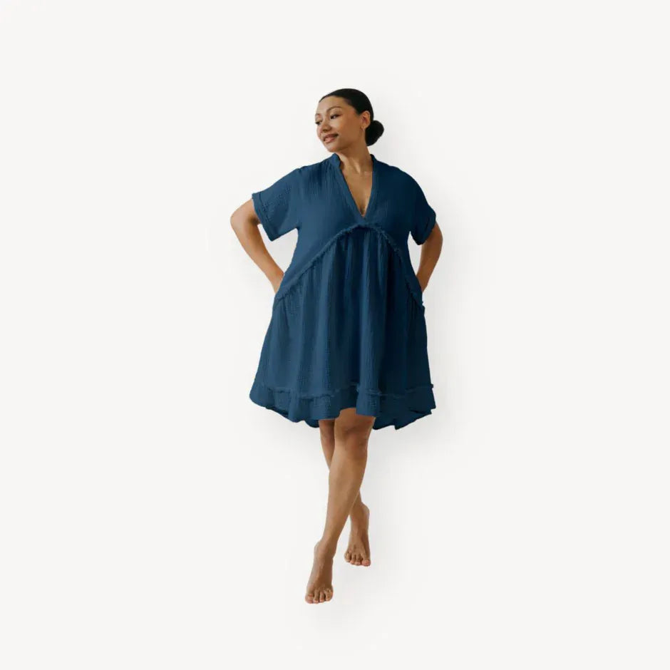 Crinkle Ruffled V Dress - Denim | prettycleanshop