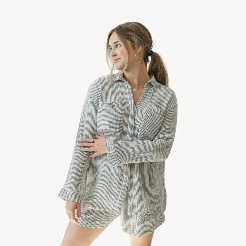 Striped Crinkle Pocket Shirt with Buttons - Charcoal | prettycleanshop