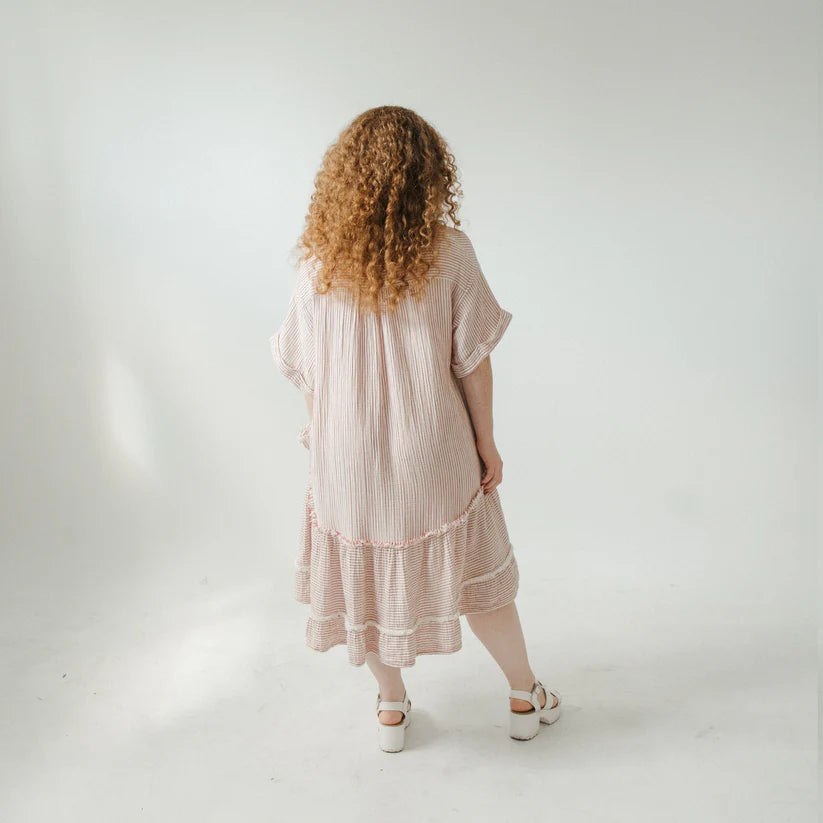 Striped Crinkle Ruffled V Dress - Red