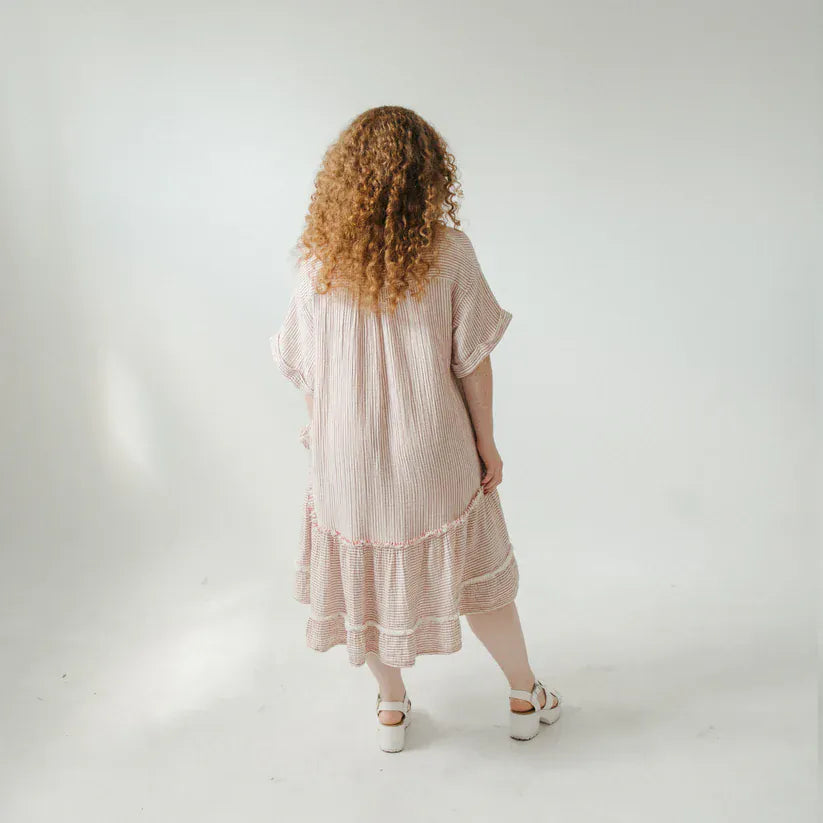 Striped Crinkle Ruffled V Dress - Red | prettycleanshop