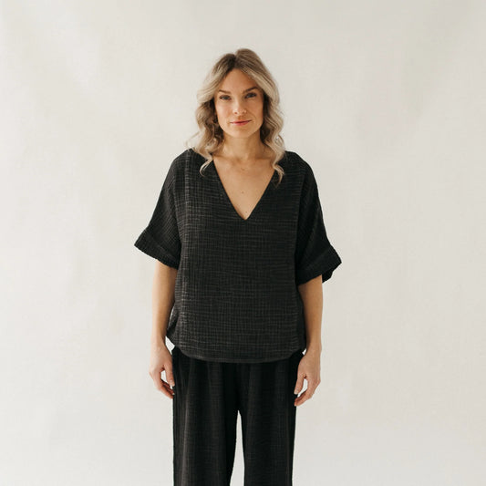 Crinkle V Neck Top - One Size