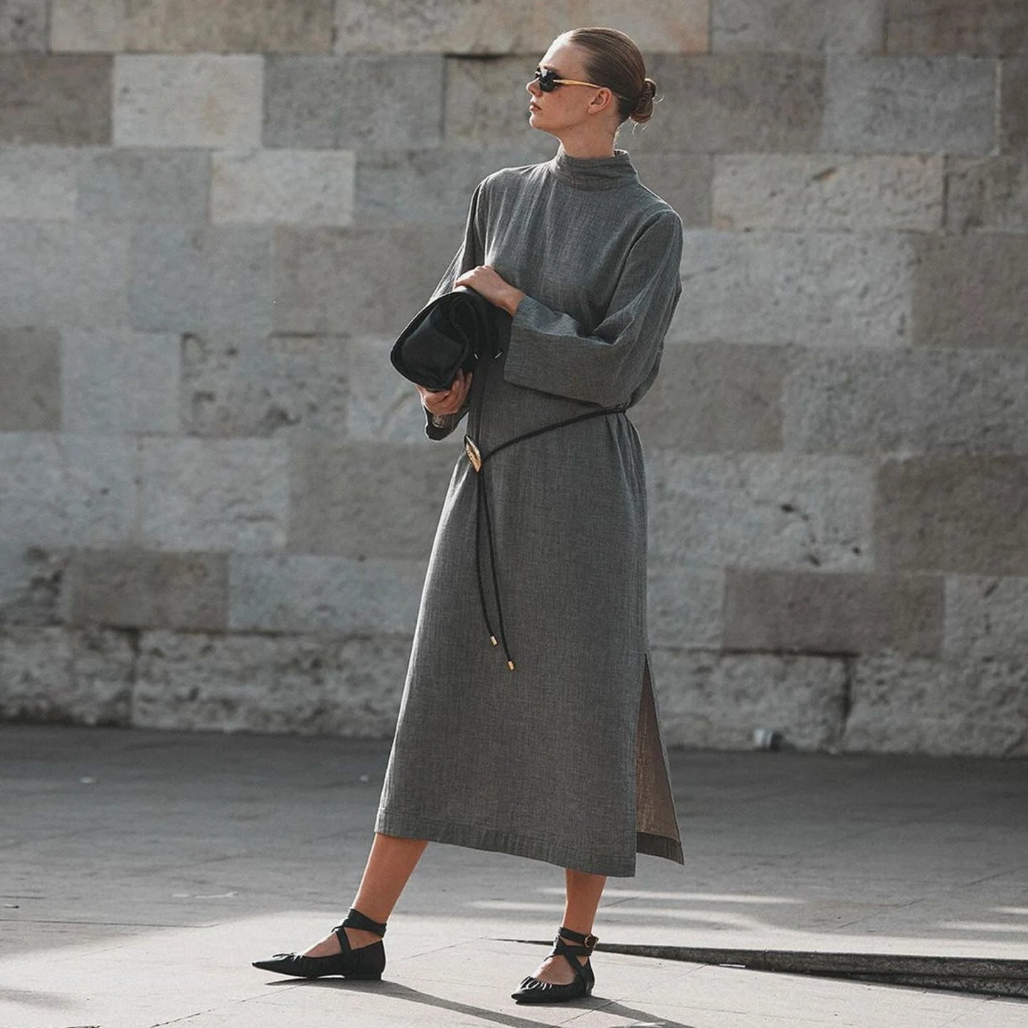 Buttoned Shirt Dress - One Size in Grey