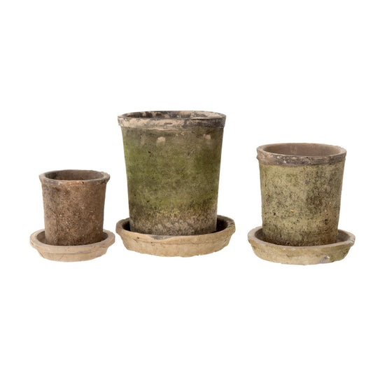 Aged Clay Pot & Saucer Set of 3 - Antique Blackstone