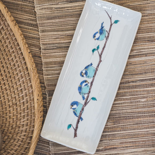 Kutani Ware Chickadees Japanese Porcelain Rectangular Plate-Serveware-Pretty Clean Shop