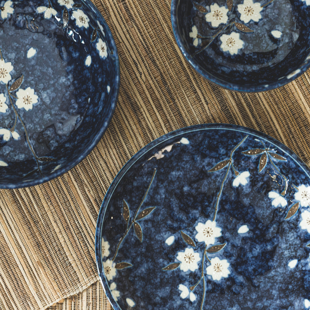 Mino Yaki Blue Sakura Japanese Porcelain Bowl