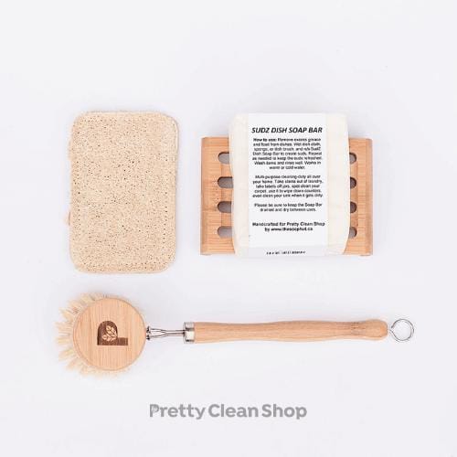 Dish Washing Set Bamboo - with solid dish soap bar | prettycleanshop
