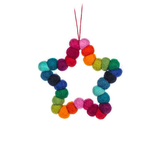 Felted Wool Rainbow PomPom Star Ornament