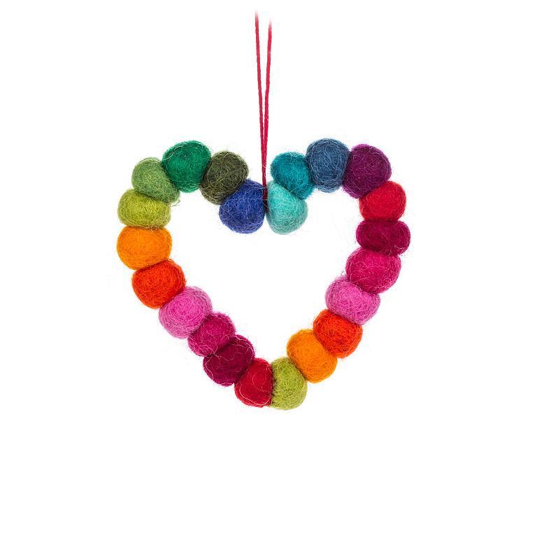 Felted Wool Rainbow PomPom Heart Ornament
