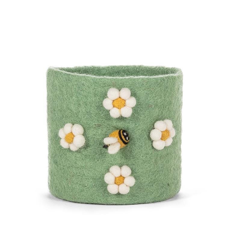 Felt Pompon Flower & Bee Planter Green | prettycleanshop