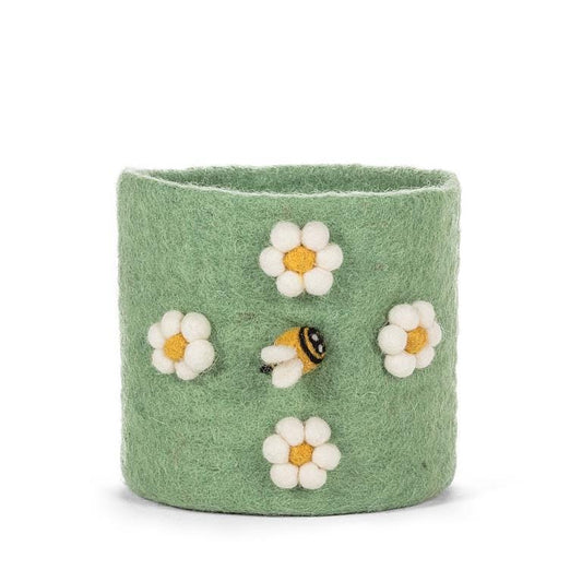 Felt Pompon Flower & Bee Planter Green | prettycleanshop