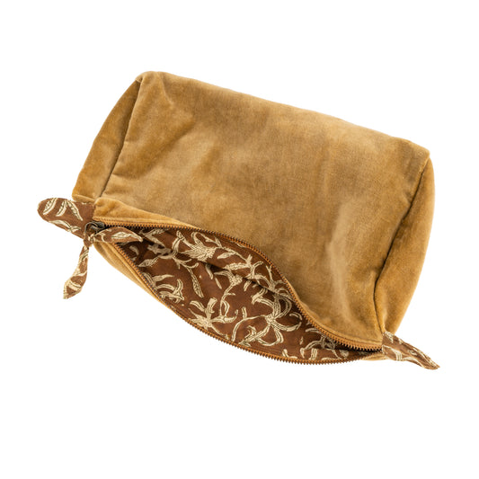Block Print Lined Velvet Zipper Pouch - Camel