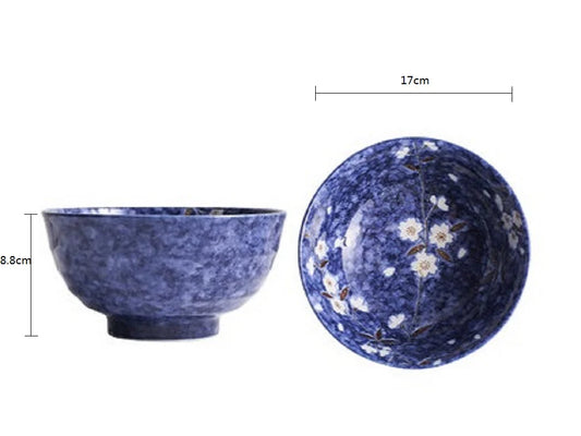 [EI] Mino Yaki Blue Sakura Japanese Big Noodle Porcelain Bowl - 17cm