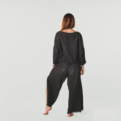 Crinkle Long-Sleeve Boat Top - One Size in Black by Pokoloko