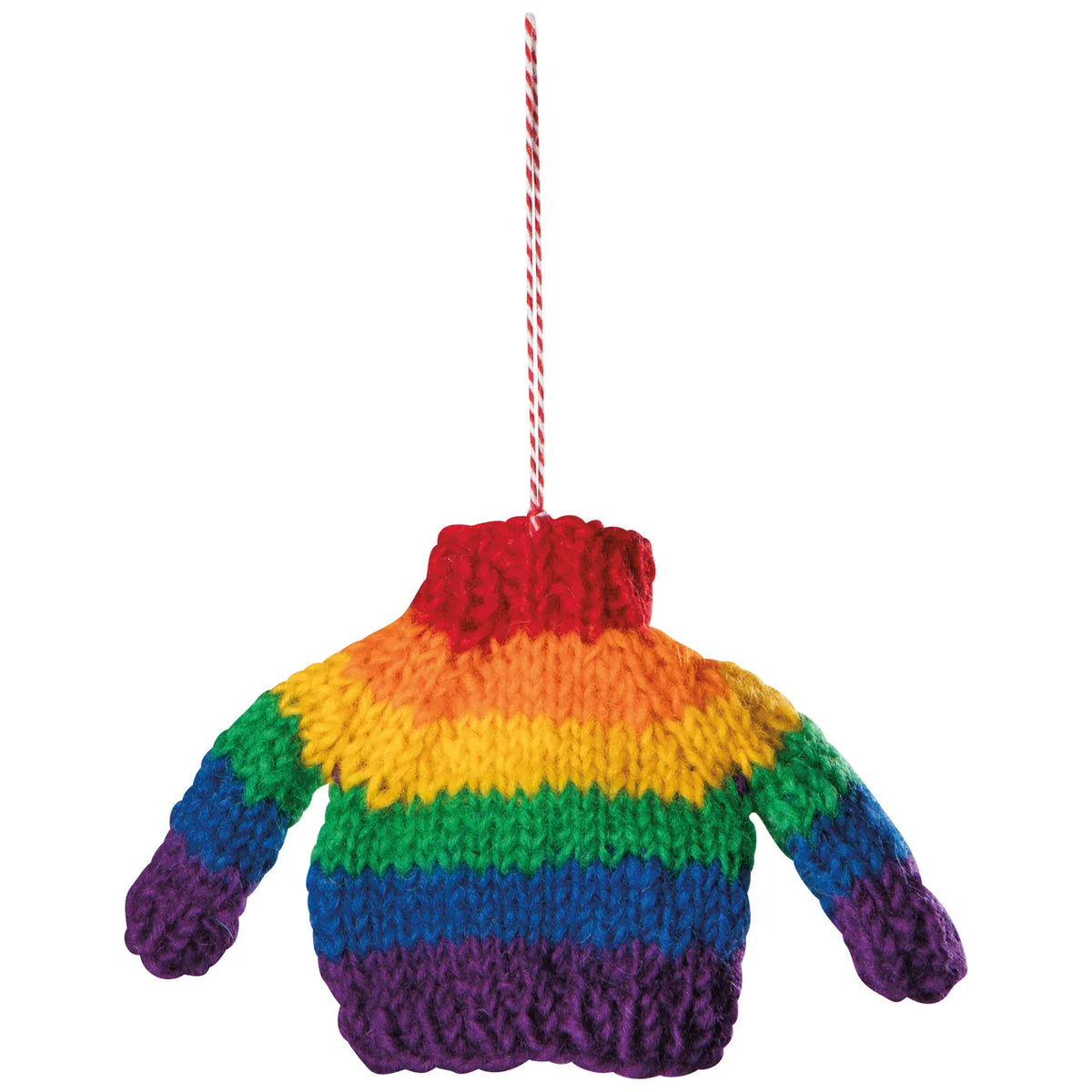 A small knitted rainbow sweater ornament with a red and white hanging string.