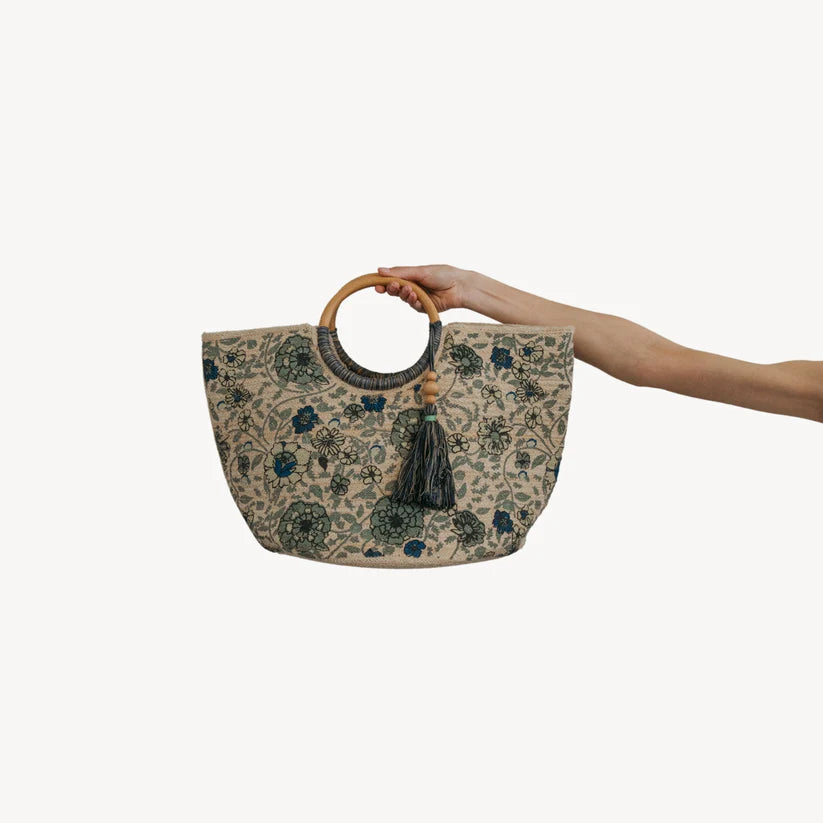 Jute Bag - Circular Handles with Tassel - Denim Floral