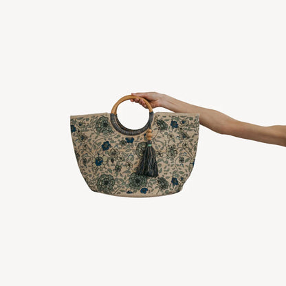 Jute Bag - Circular Handles with Tassel - Denim Floral