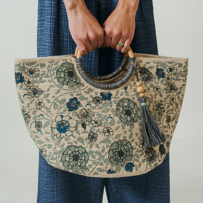 Jute Bag - Circular Handles with Tassel - Denim Floral
