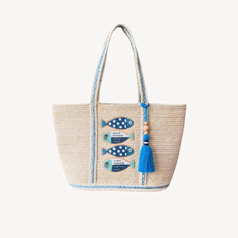 Jute Bag - Beaded Fish with Tassel - Blue