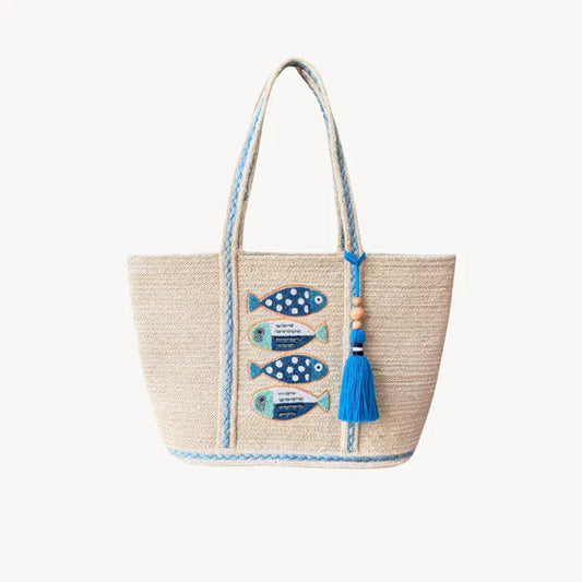 Jute Bag - Beaded Fish with Tassel - Blue | prettycleanshop.myshopify.com