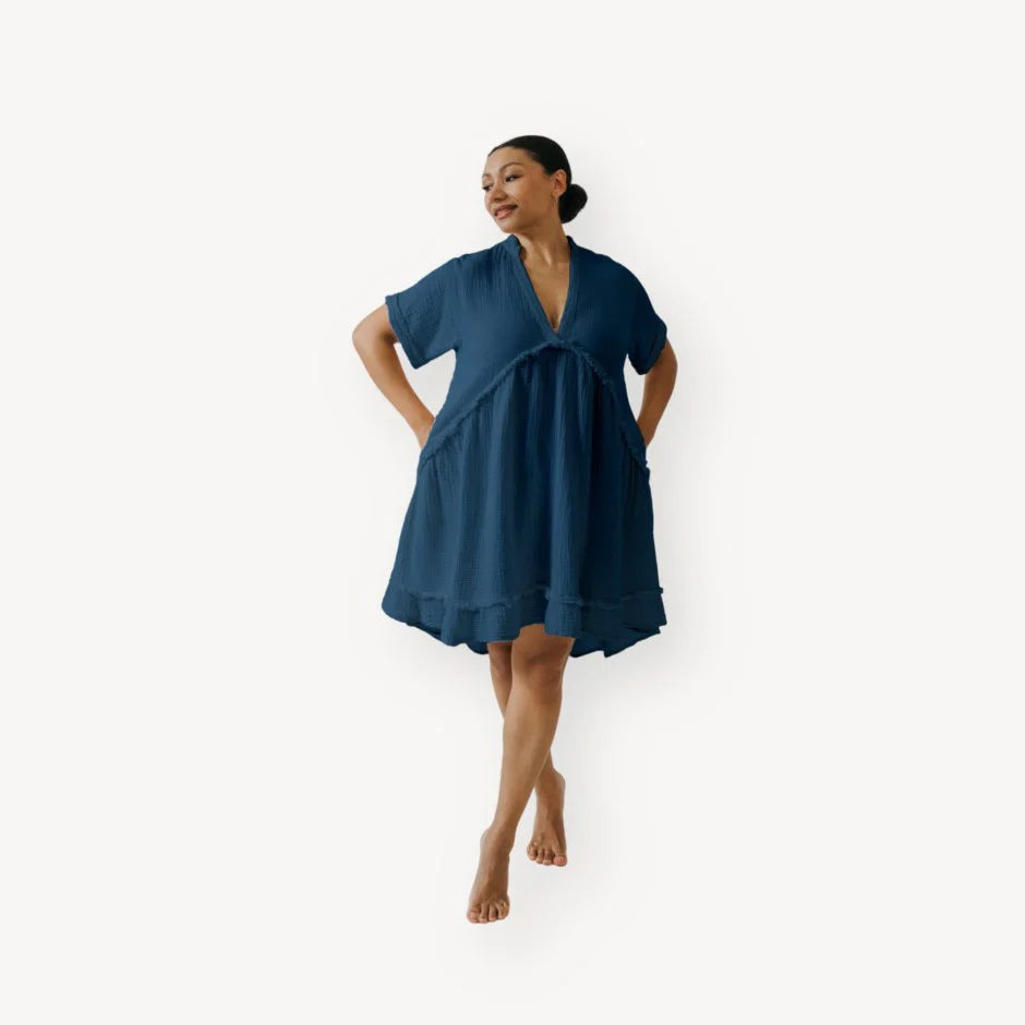 Crinkle Ruffled V Dress - Denim