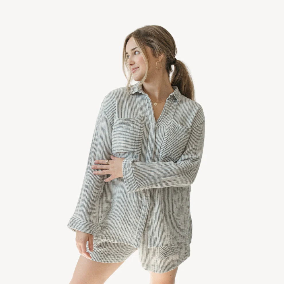 Striped Crinkle Pocket Shirt with Buttons - Charcoal