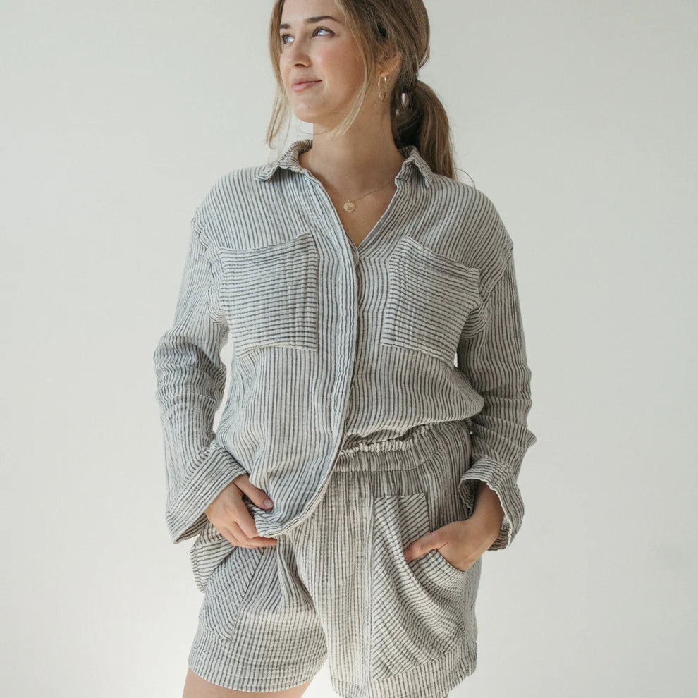 Striped Crinkle Pocket Shirt with Buttons - Charcoal