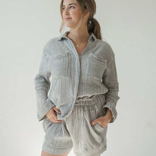 Striped Crinkle Pocket Shirt with Buttons - Charcoal