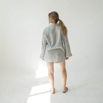 Striped Crinkle Pocket Shirt with Buttons - Charcoal