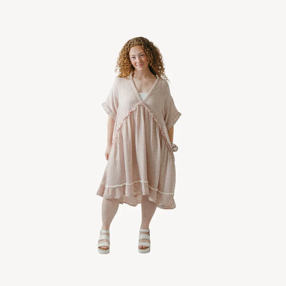 Striped Crinkle Ruffled V Dress - Red