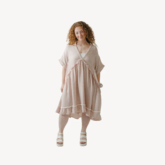 Striped Crinkle Ruffled V Dress - Red