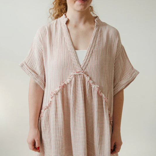 Striped Crinkle Ruffled V Dress - Red