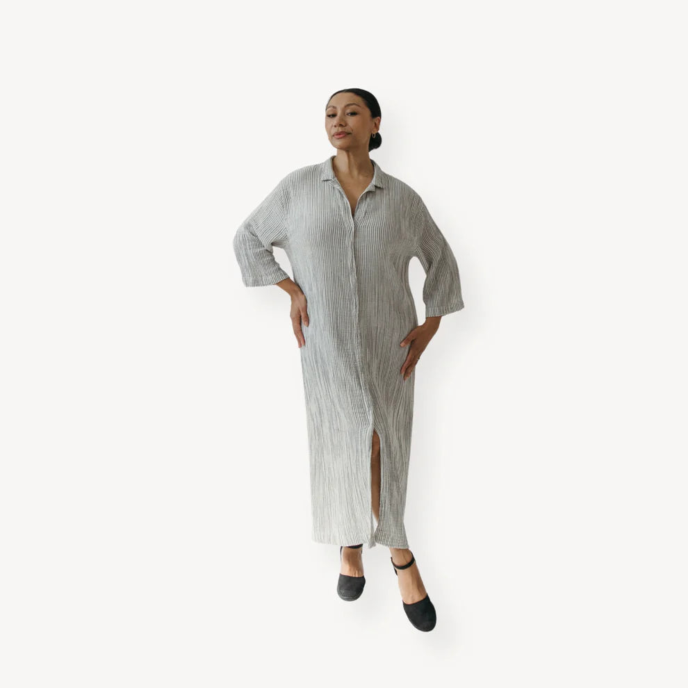 Striped Crinkle Shirt Dress - Charcoal