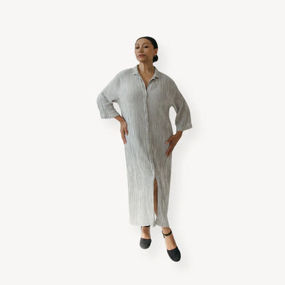 Striped Crinkle Shirt Dress - Charcoal