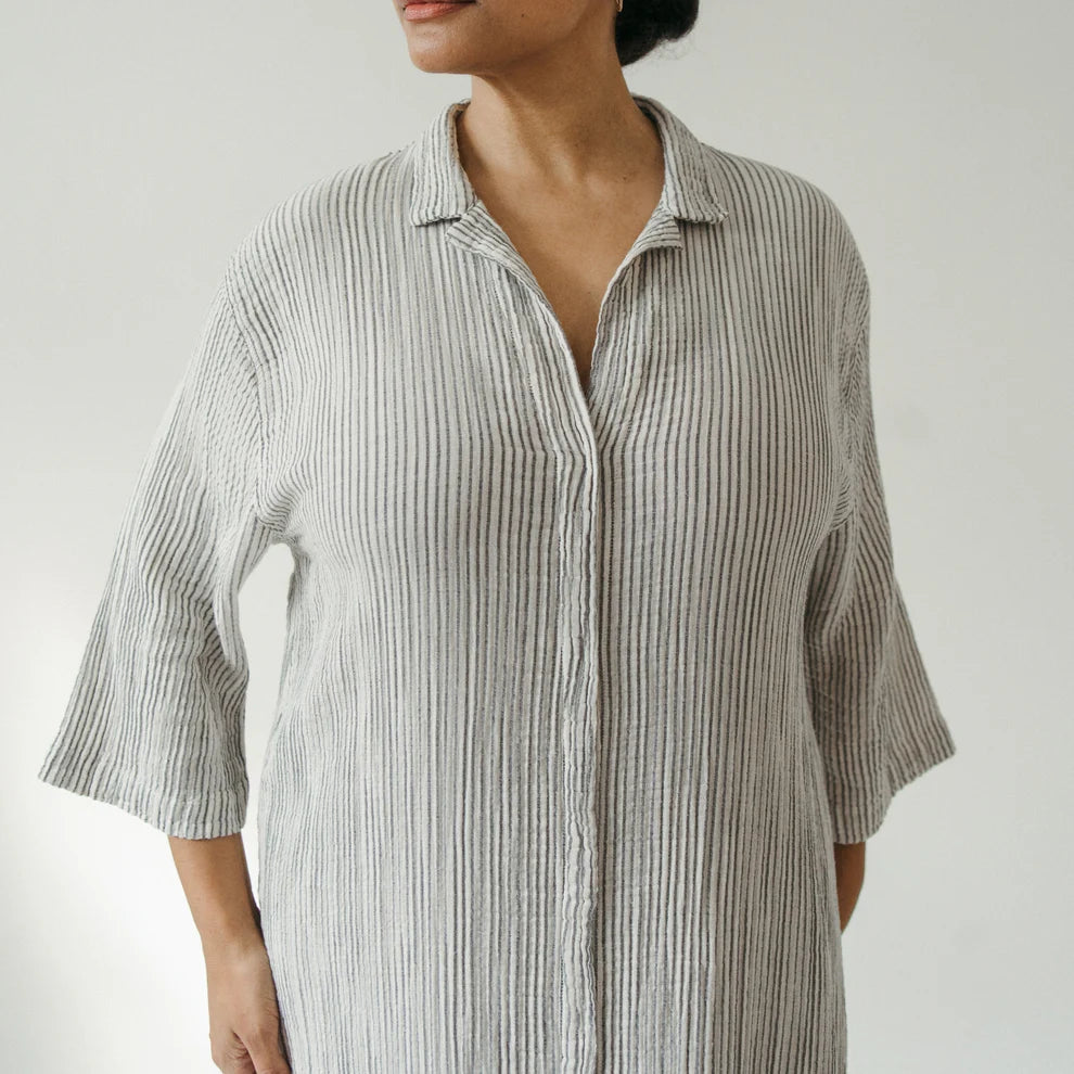 Striped Crinkle Shirt Dress - Charcoal