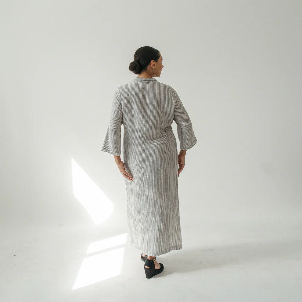 Striped Crinkle Shirt Dress - Charcoal