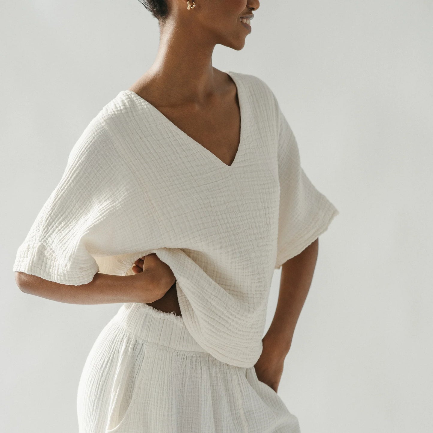 Crinkle V Neck Top - One Size