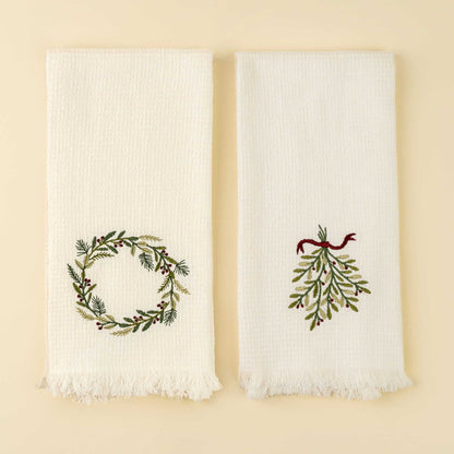 Embroidered Wreath/Mistletoe Waffle Hand Towel - Set of 2-Pretty Clean Shop