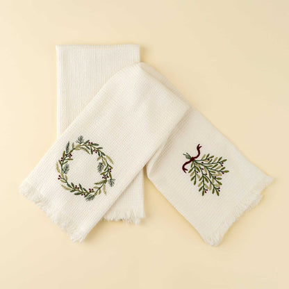 Embroidered Wreath/Mistletoe Waffle Hand Towel - Set of 2-Pretty Clean Shop
