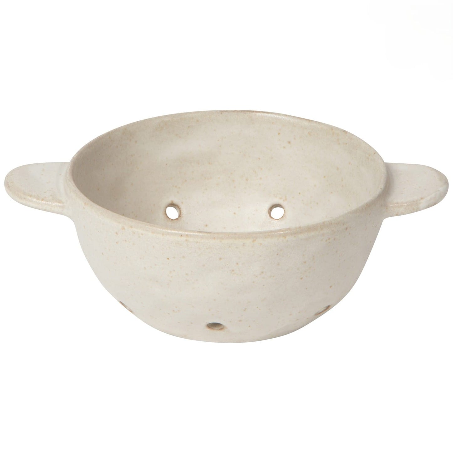 Beige ceramic colander with handles on a white background
