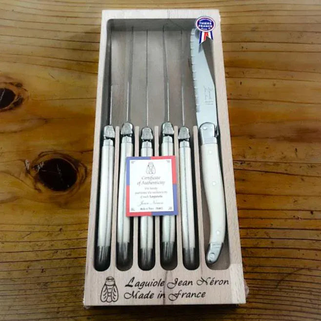 Laguiole Steak Knives Set of 6 - Cream Handle, in wooden box | prettycleanshop