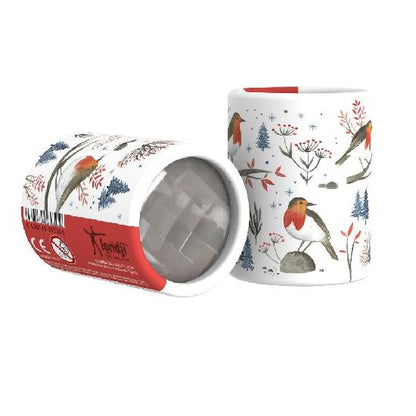 A small cylindrical kaleidoscope with a wildlife theme, including various birds and plants, presented both inside and outside its red and white box.
