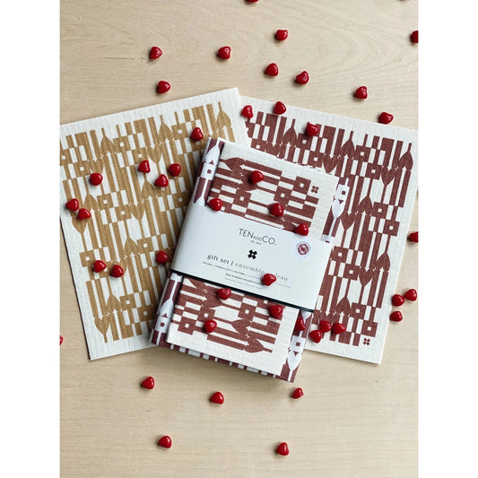 Swedish Sponge Cloth and Tea Towel Gift Set - Geo Hearts Terracotta by Ten & Co