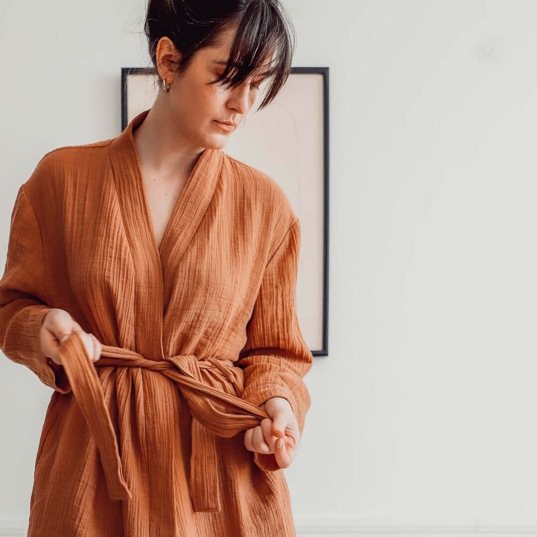 Turkish Cotton Muslin Robe - Amelia Terracotta